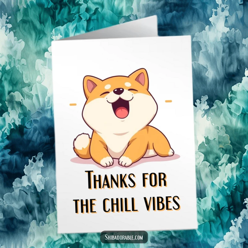 Funny Free Printable Thank You Card: A Shiba Inu yawning and stretching lazily in a sunbeam, a thank you for relaxation.