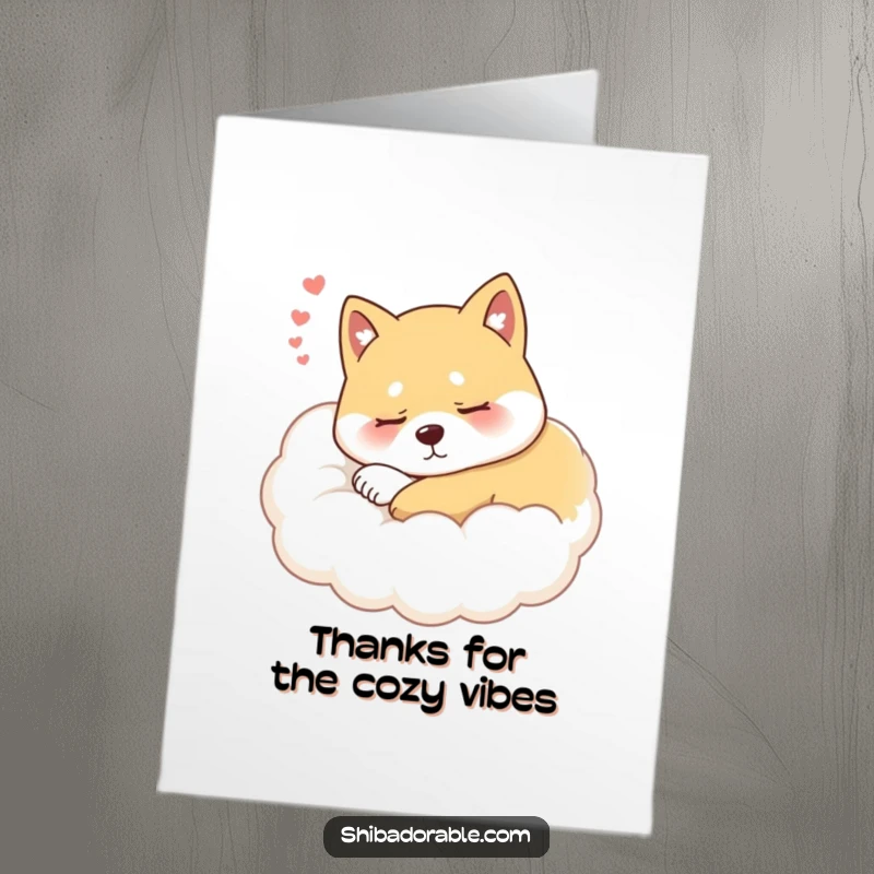 Funny Free Printable Shiba Inu Thank You Card: A peaceful Shiba Inu dog rests on a cloud, perfect for expressing thanks.