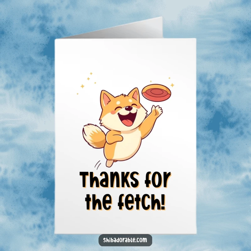 Funny Free Printable Thank You Card: A happy Shiba Inu leaping joyfully for a disc, a fun way to show thanks.