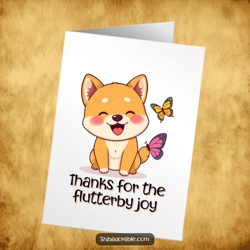 Funny Free Printable Shiba Inu Thank You Card: A happy Shiba Inu dog greets a butterfly with excitement, perfect for saying thanks.