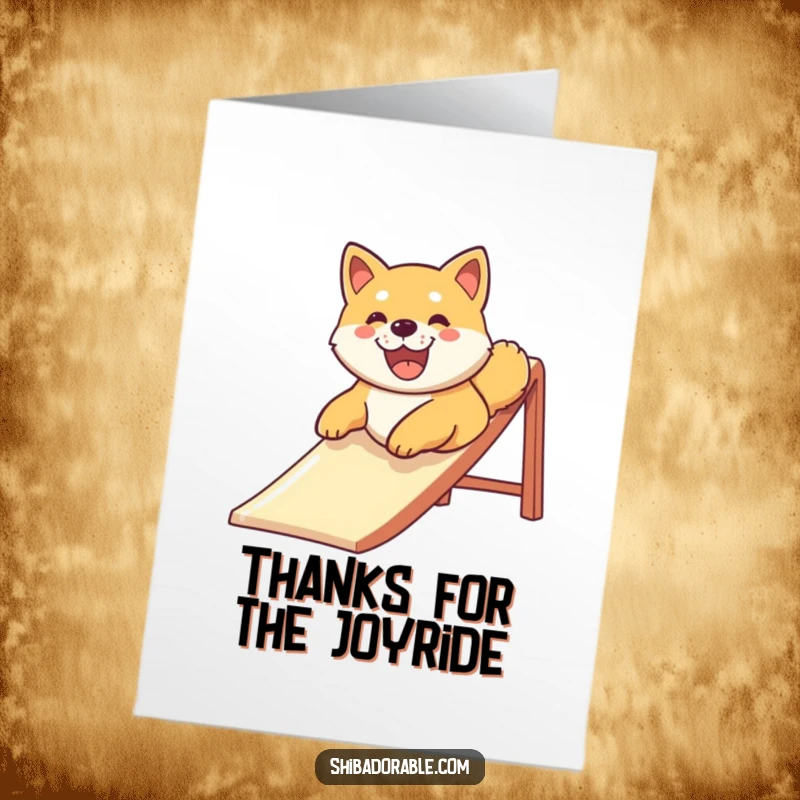 Funny Free Printable Thank You Card: Shiba Inu dog slides down a slide expressing pure happiness.