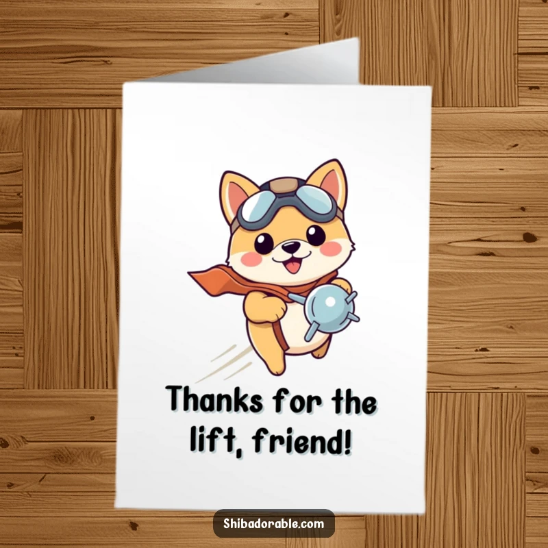 Funny Free Printable Thank You Card: Cute Shiba Inu puppy pilot, saluting with a grateful expression, saying thank you.