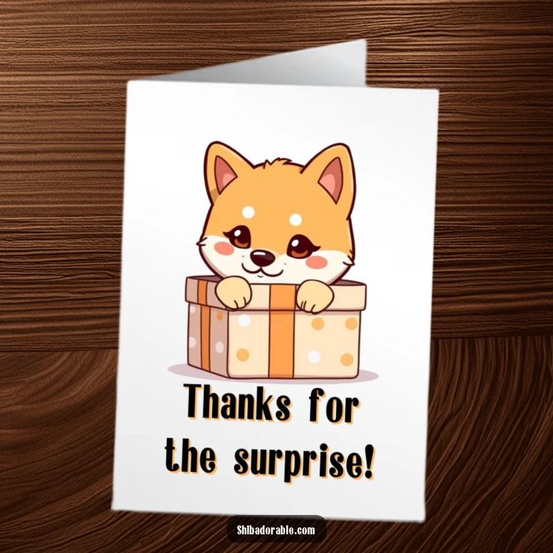 Free Printable Thank You Card: A Shiba Inu with a mischievous look peeks from a gift box, ready to surprise.