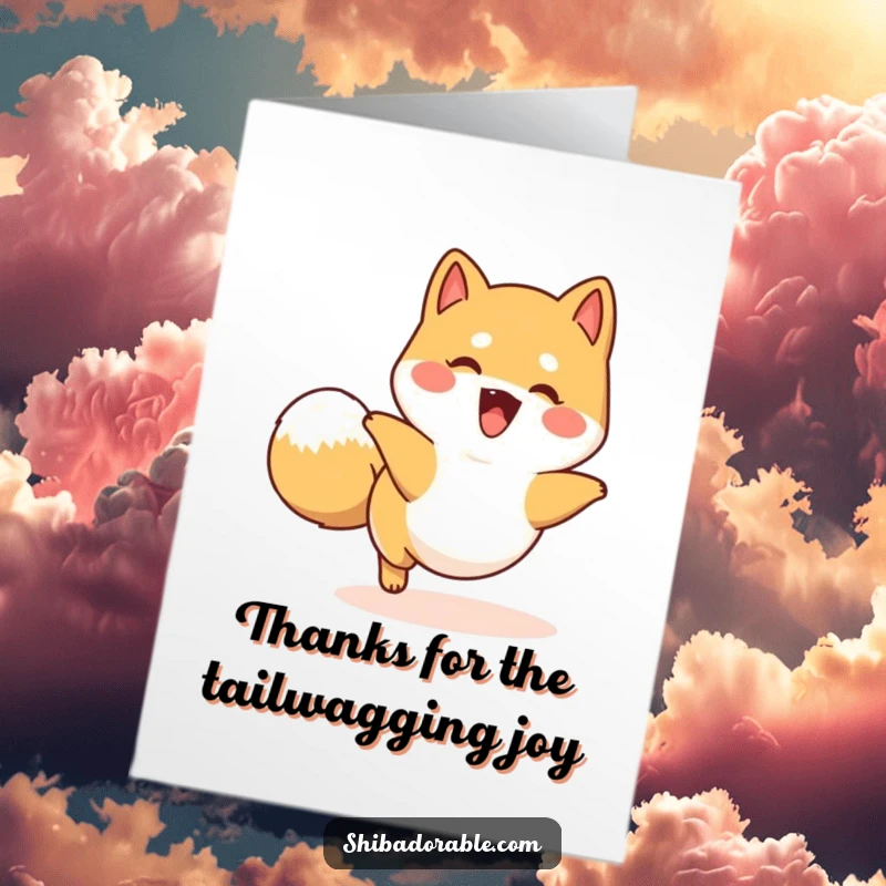 Free Printable Thank You Card: A happy Shiba Inu dog playfully spins chasing its own wagging tail.