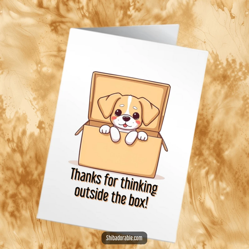 Funny Free Printable Thank You Card, dog with ears flopping comically spilling out of a big box, expressing thanks with surprise
