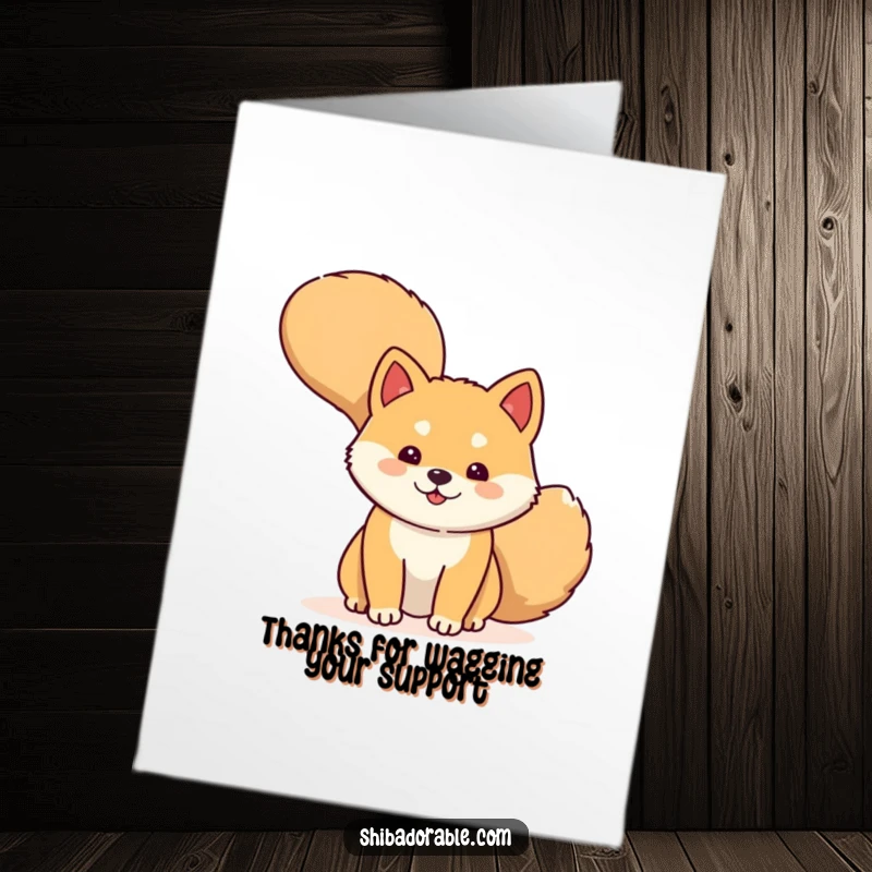 Funny Free Printable Thank You Card: A Shiba Inu peeking from behind its big wagging tail, offering a shy and charming thank you.