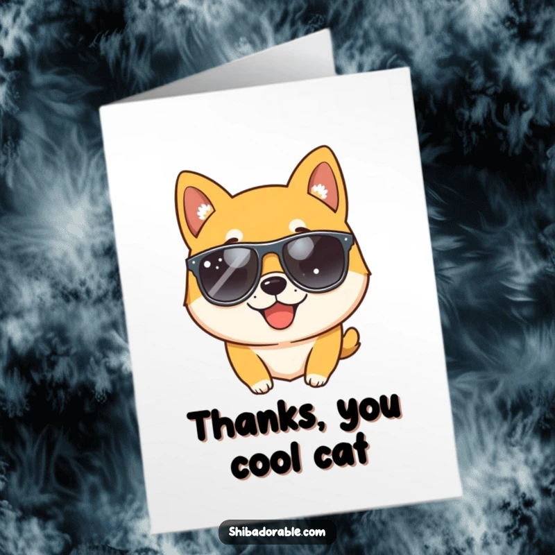 Funny Free Printable Thank You Card: Shiba Inu dog wearing sunglasses winks with a cool demeanor.
