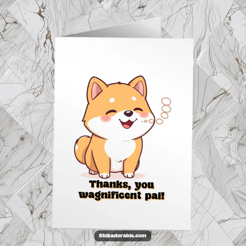 Funny Free Printable Thank You Card: A happy Shiba Inu pants, exhaling steam, conveying warm and fuzzy thanks.