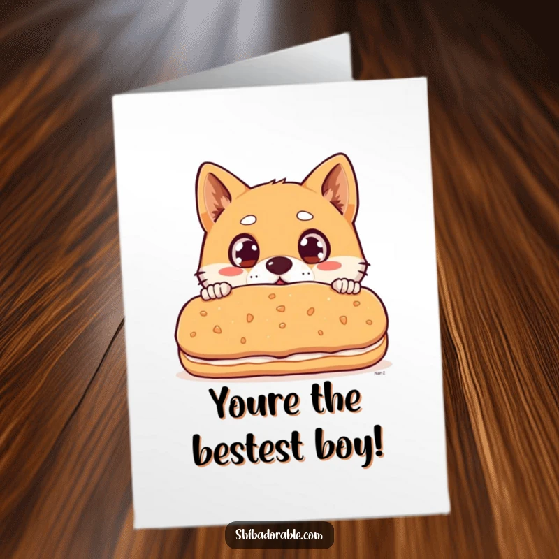 Funny Free Printable Thank You Card featuring a Shiba Inu dog with wide surprised eyes peeking over a giant biscuit.