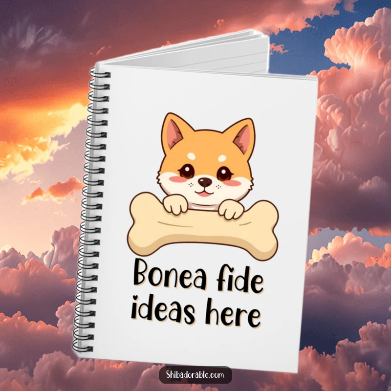 Funny Shiba Inu notebook with a floppy-eared dog peeking over a bone, perfect for writing and humor.