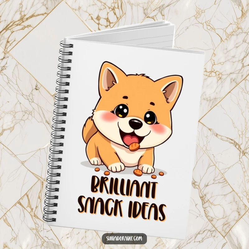 Funny notebook featuring a Shiba Inu with wide, delighted eyes discovering a hidden treat, perfect for jotting down ideas.