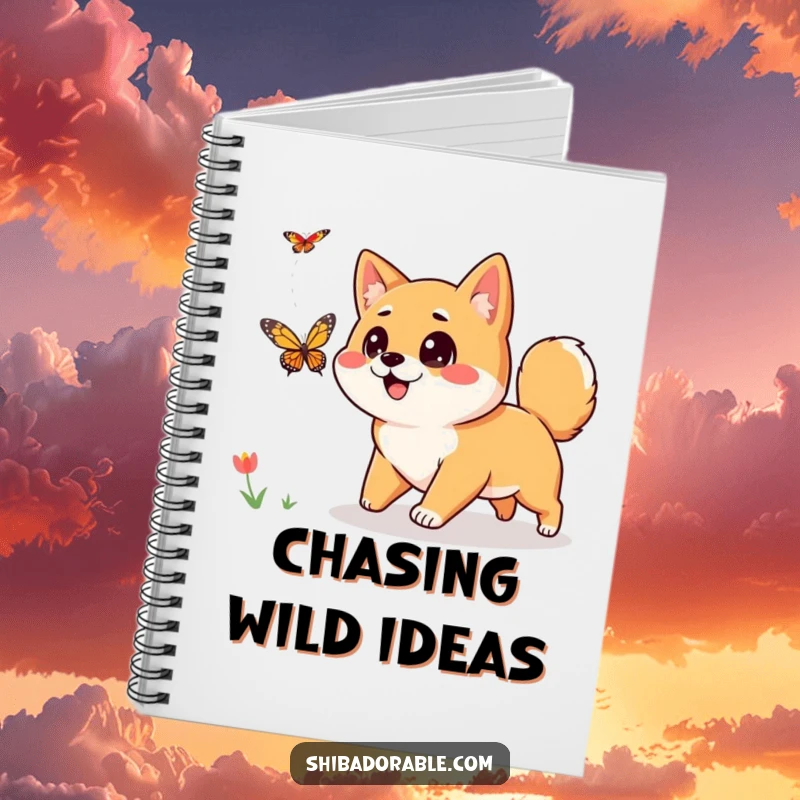 Funny Shiba Inu Notebook: A curious Shiba Inu with wide eyes playfully chases a butterfly, perfect for jotting down fun ideas.