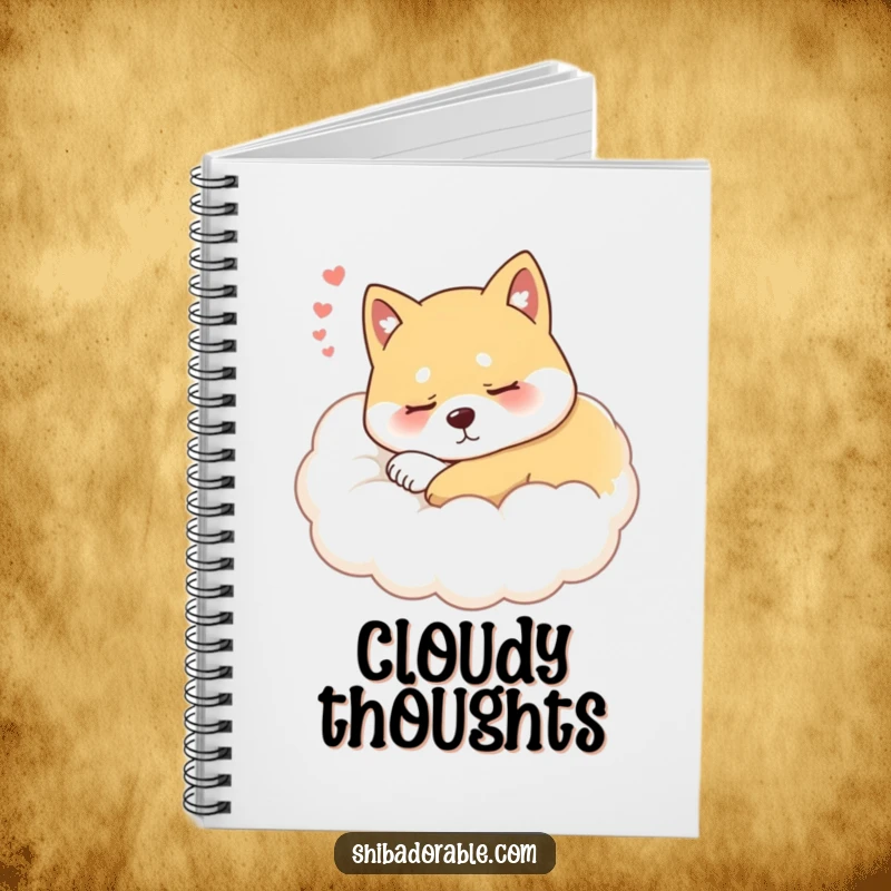 Funny Shiba Inu Cloud Notebook with a serene, sleepy Shiba Inu dog resting peacefully on a soft, cloud-like surface.