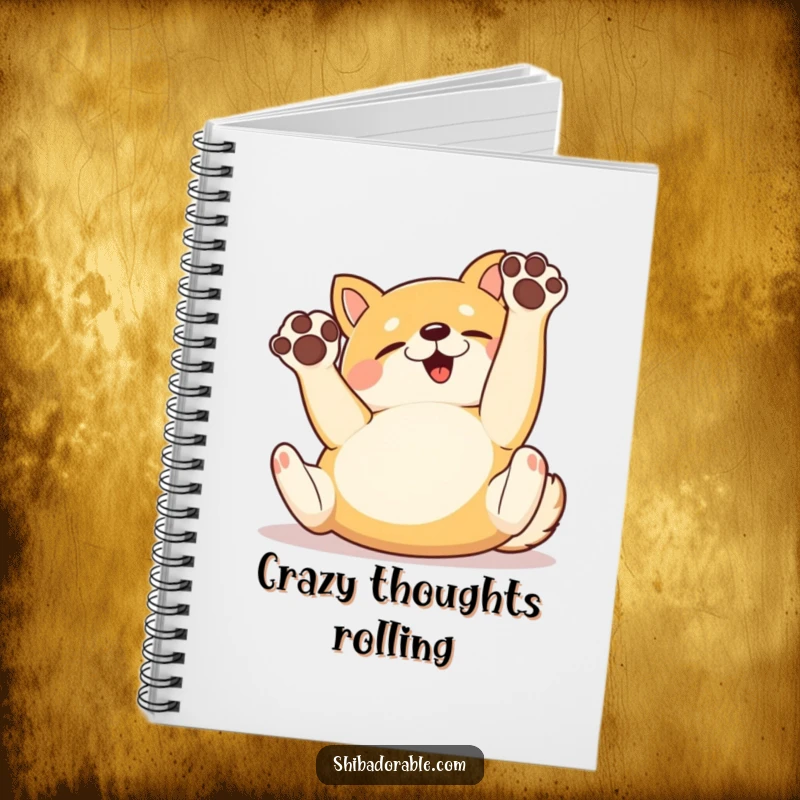 Funny Notebook with a happy Shiba Inu dog rolling on its back with paws up, perfect for capturing thoughts with humor.