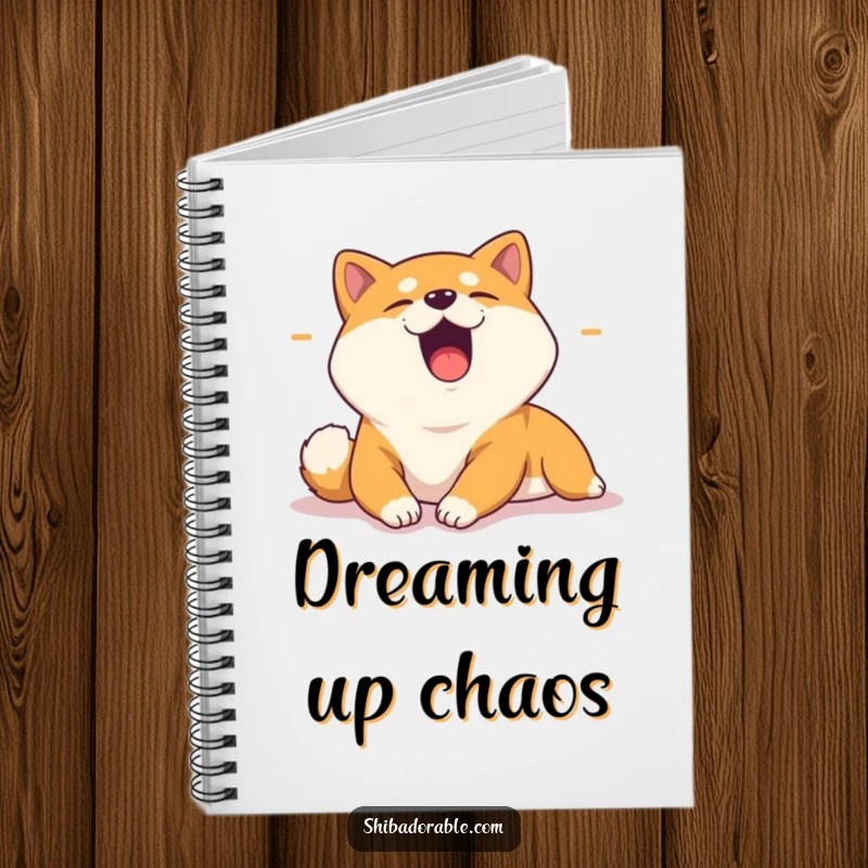 Funny notebook with a yawning Shiba Inu stretching lazily in a sunbeam, perfect for jotting down notes with a relaxed and humorous touch.