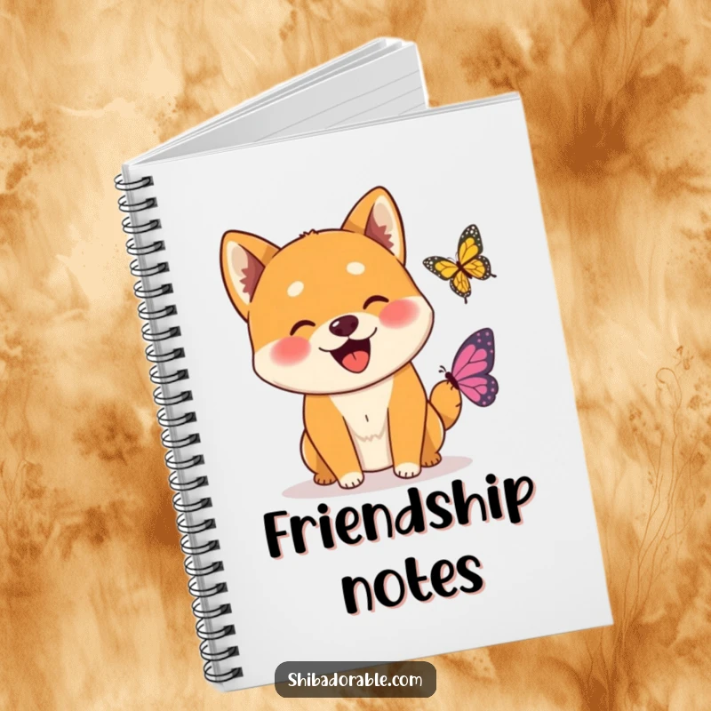 Funny Wagging Shiba Inu Butterfly Notebook featuring a joyful Shiba Inu dog happily greeting a small, friendly butterfly.