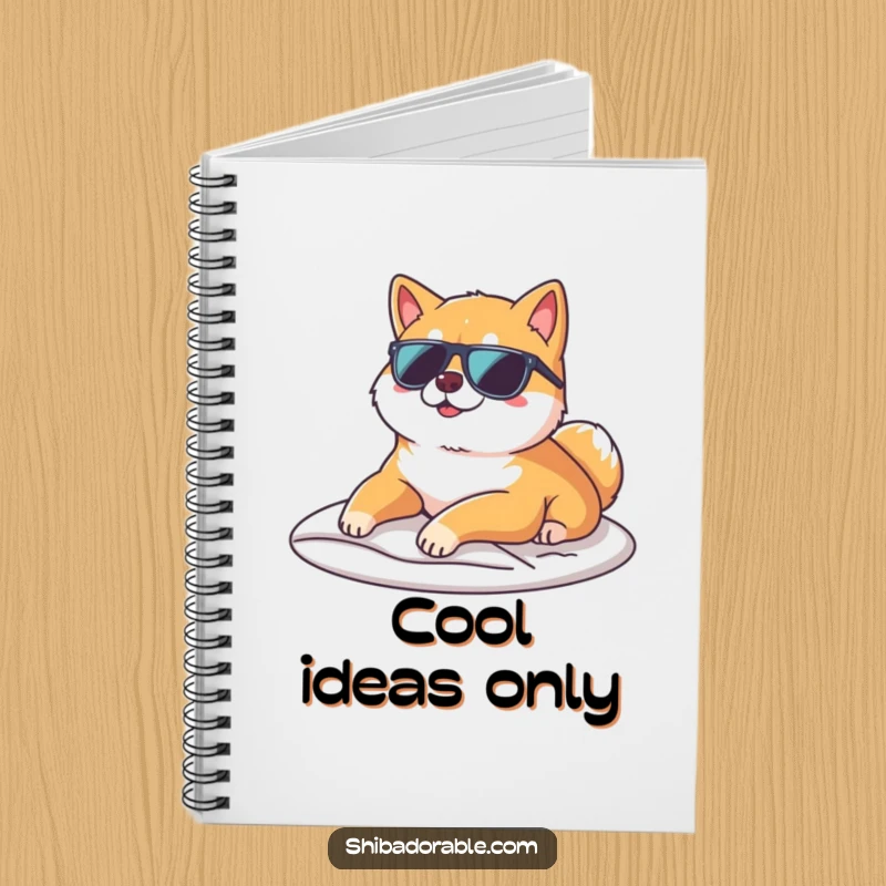 Funny Shiba Inu wearing sunglasses and lounging on a sunbeam on a notebook cover, encouraging cool and humorous writing.
