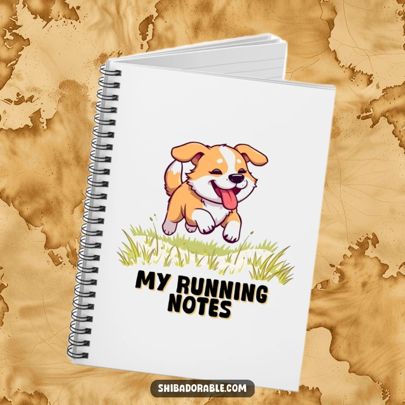 Funny dog notebook depicting a dog racing across a grassy field, legs kicking and tongue panting, perfect for jotting notes.