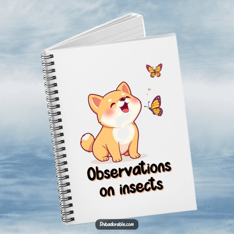 Funny Kawaii Shiba Inu puppy excitedly barking at a butterfly, a lined notebook ideal for jotting down energetic ideas and thoughts.