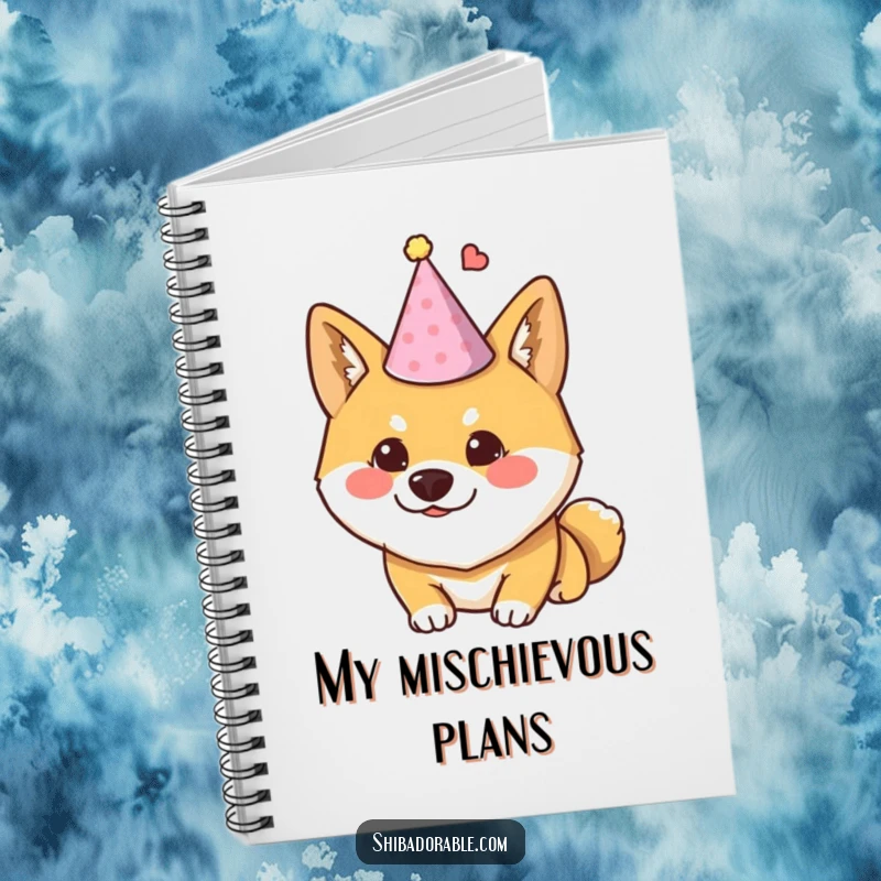 Funny Shiba Inu notebook showing a dog wearing a tiny party hat and looking mischievous, perfect for jotting notes.