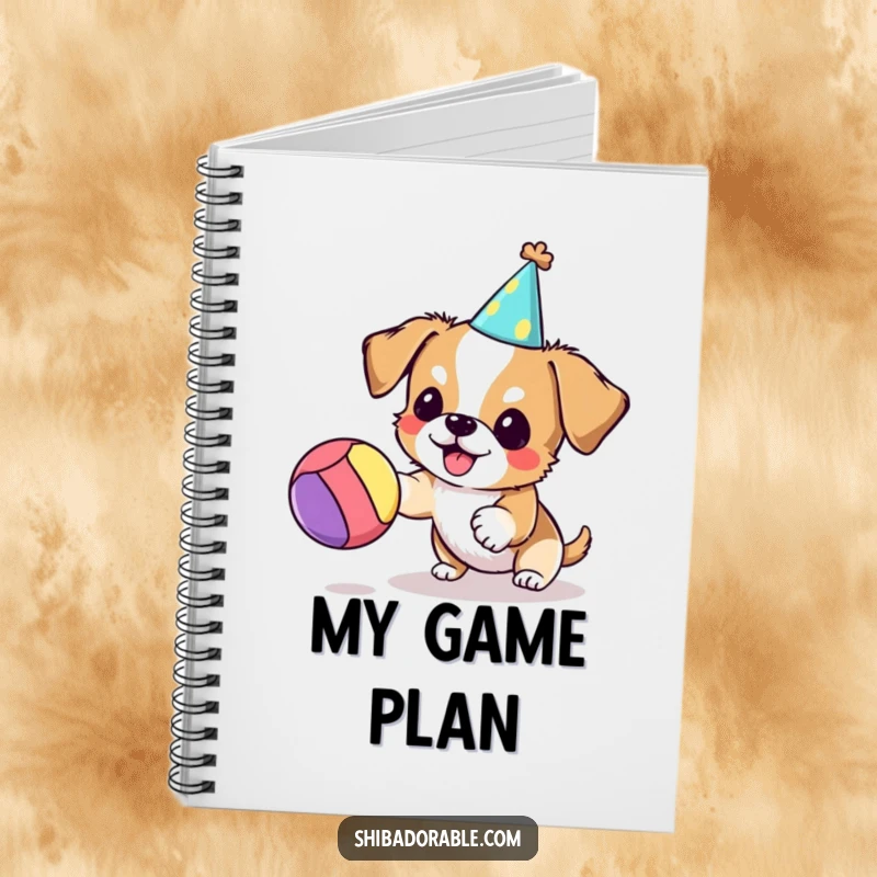Funny dog notebook featuring a small dog in a party hat energetically bouncing a ball, ideal for capturing notes with a smile.