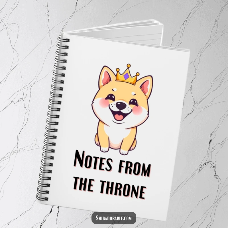 Funny Shiba Inu dog wearing a small crown, barking with excitement, on a notebook cover, perfect for journaling and creative ideas.