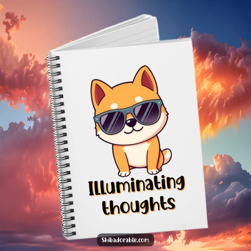 Funny Shiba Inu dog wearing oversized sunglasses, ready to write. A cool notebook.