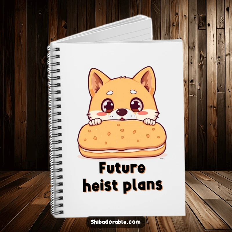 Funny Shiba Inu dog with wide surprised eyes peeking over a giant biscuit, a cute and humorous journal.