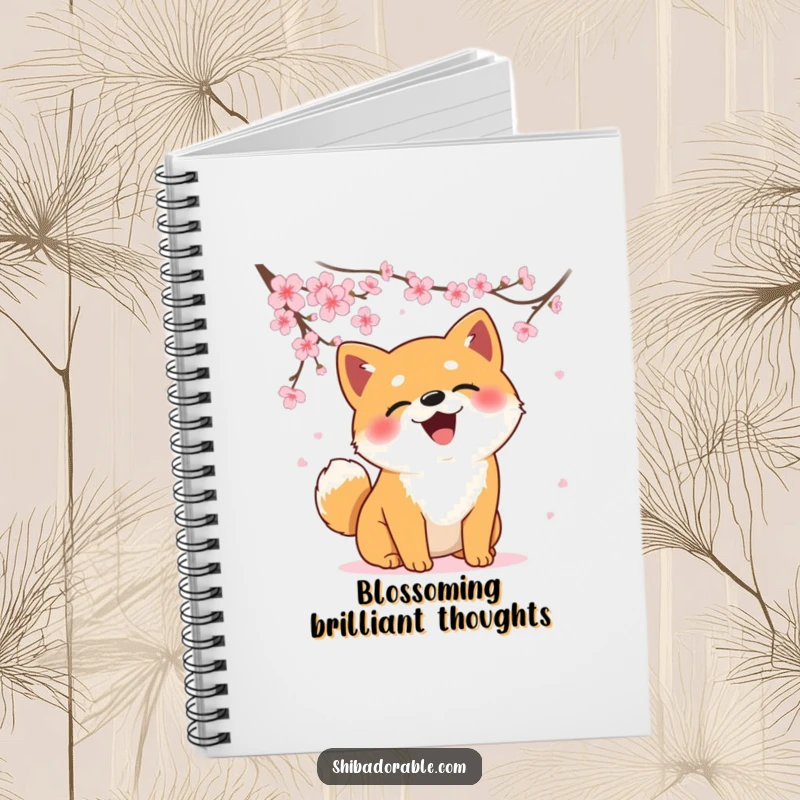 Funny Shiba Inu notebook with a dog comically catching falling cherry blossoms, ideal for writing and inspiration.