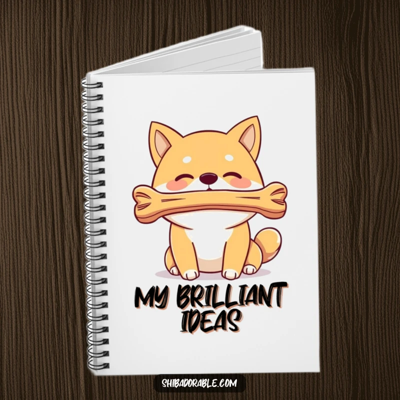 Funny Shiba Inu dog balancing a bone on its nose, on a notebook cover, for capturing creative ideas and focused thoughts.