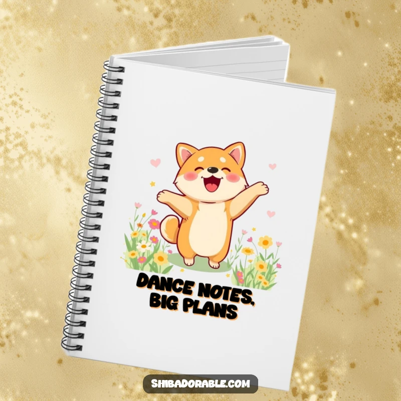 Funny Shiba Inu notebook with a dog doing a happy dance in a flower field, ideal for journaling joy.