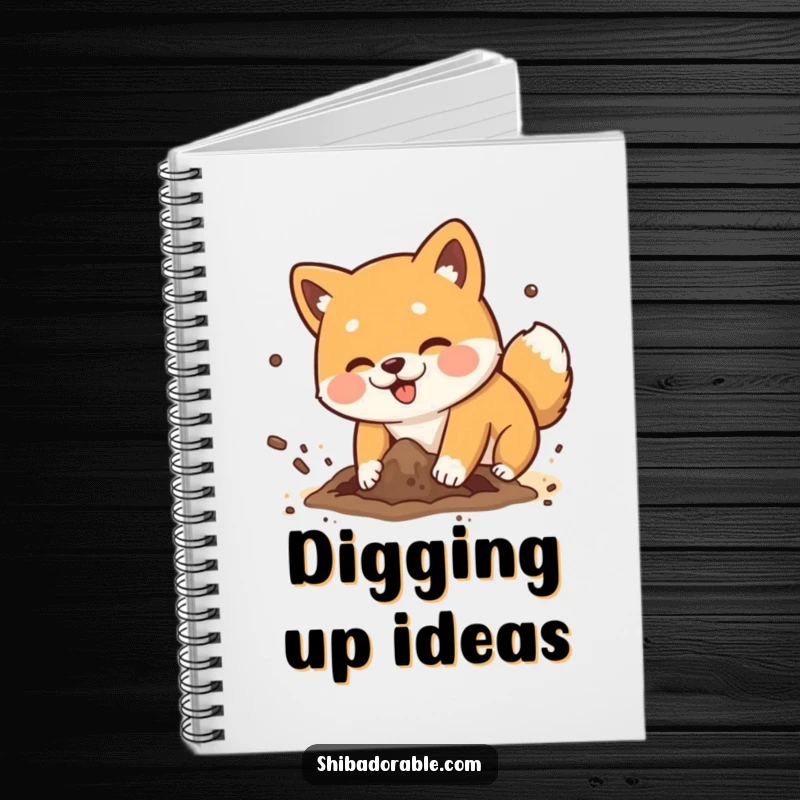 Funny Shiba Inu dog playfully digging a hole with dirt flying comically, a cute and humorous journal.