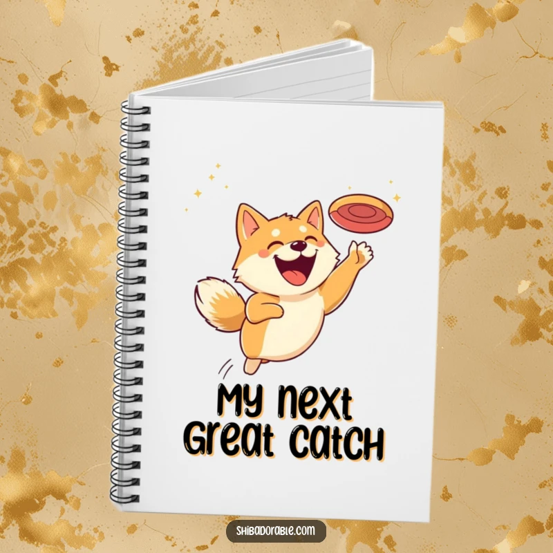 Funny notebook cover with a Shiba Inu mid-leap, catching a flying disc with a huge grin, perfect for note-taking.