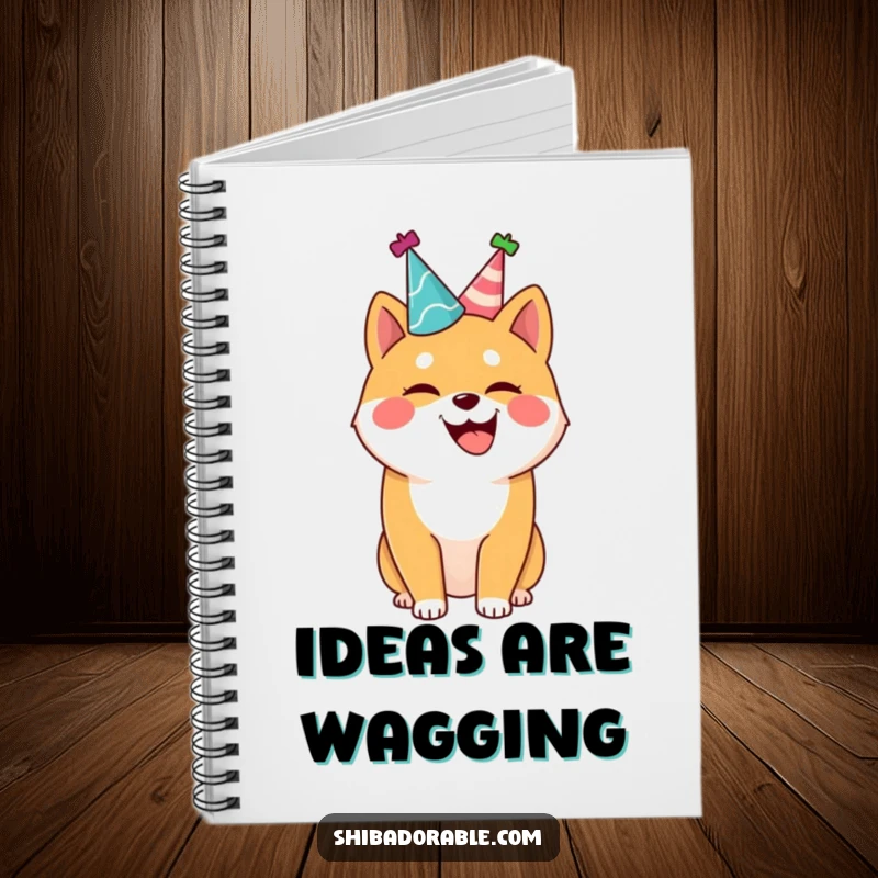Funny Shiba Inu notebook, a joyful dog with a party hat, wagging its tail, perfect for note-taking with humor.