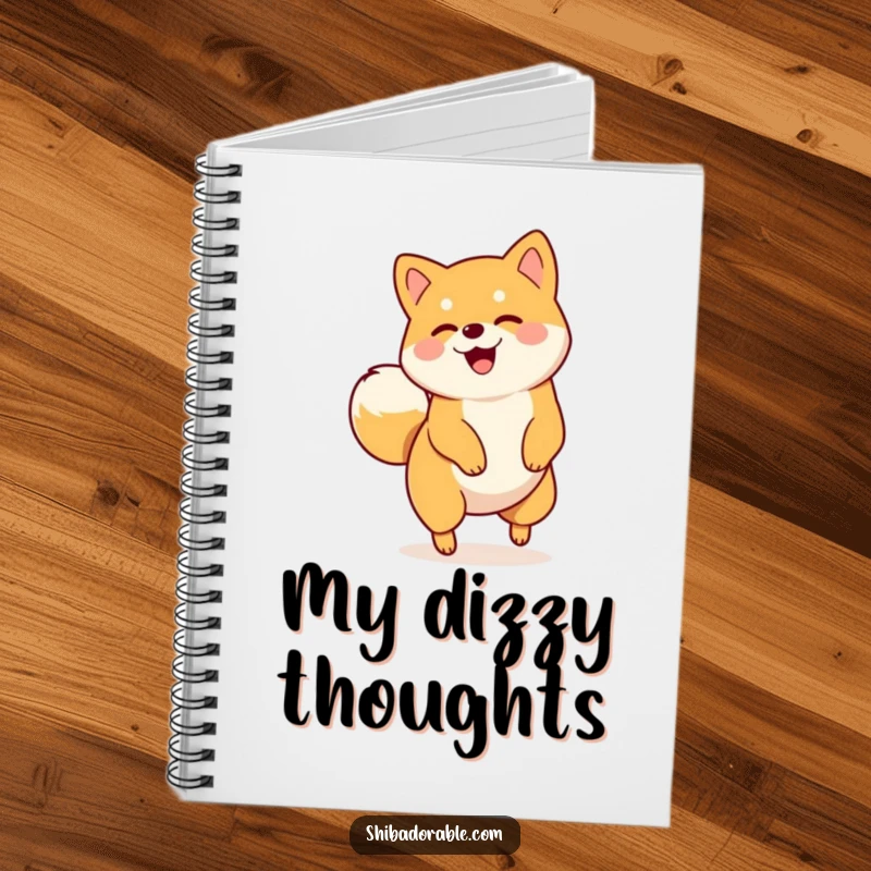 Funny notebook cover with a Shiba Inu spinning in a circle with its tail wagging, perfect for note-taking.