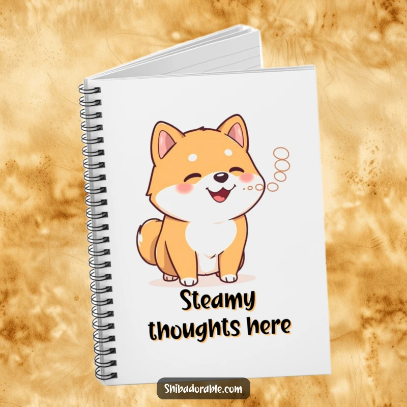 Funny Shiba Inu exhaling steam on a notebook cover, encouraging warm and humorous jotting of ideas.