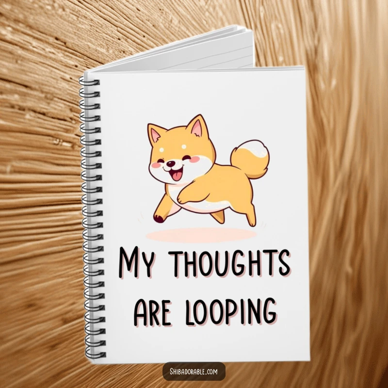 Funny Shiba Inu dog spinning in a circle, playfully chasing its tail, featured on the cover of a useful notebook.
