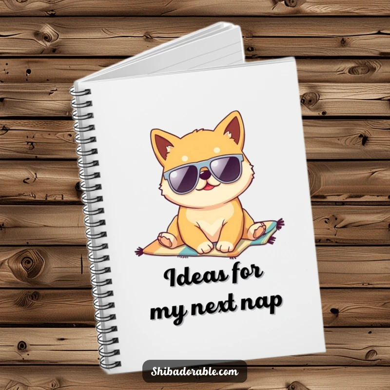 Funny Kawaii Shiba Inu puppy lounging on a beach towel, wearing sunglasses, a lined notebook perfect for jotting down beachy thoughts.