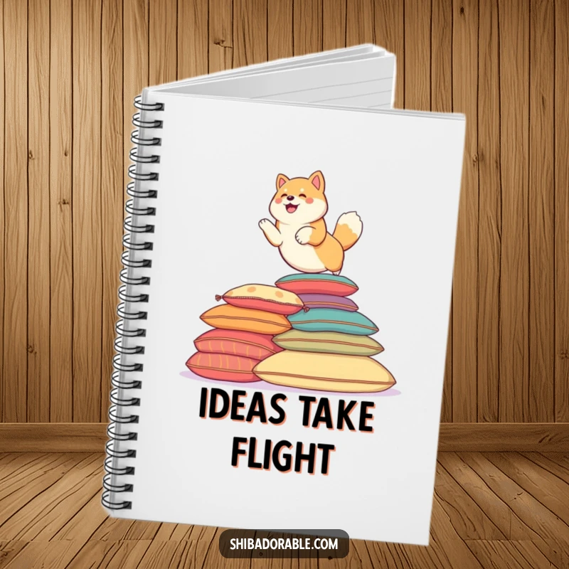 Funny Shiba Inu dog playfully leaping over colorful cushions, ready to write. A lined notebook.