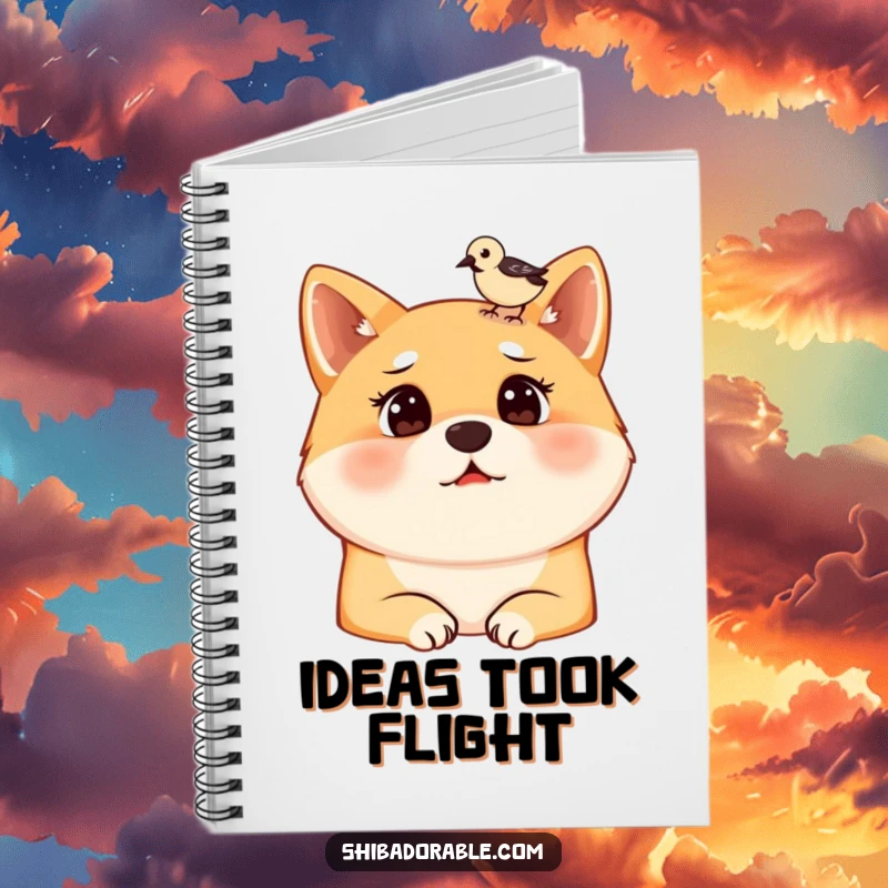 Funny notebook with a surprised Shiba Inu dog and a bird on its head, ideal for jotting down notes with a humorous touch.