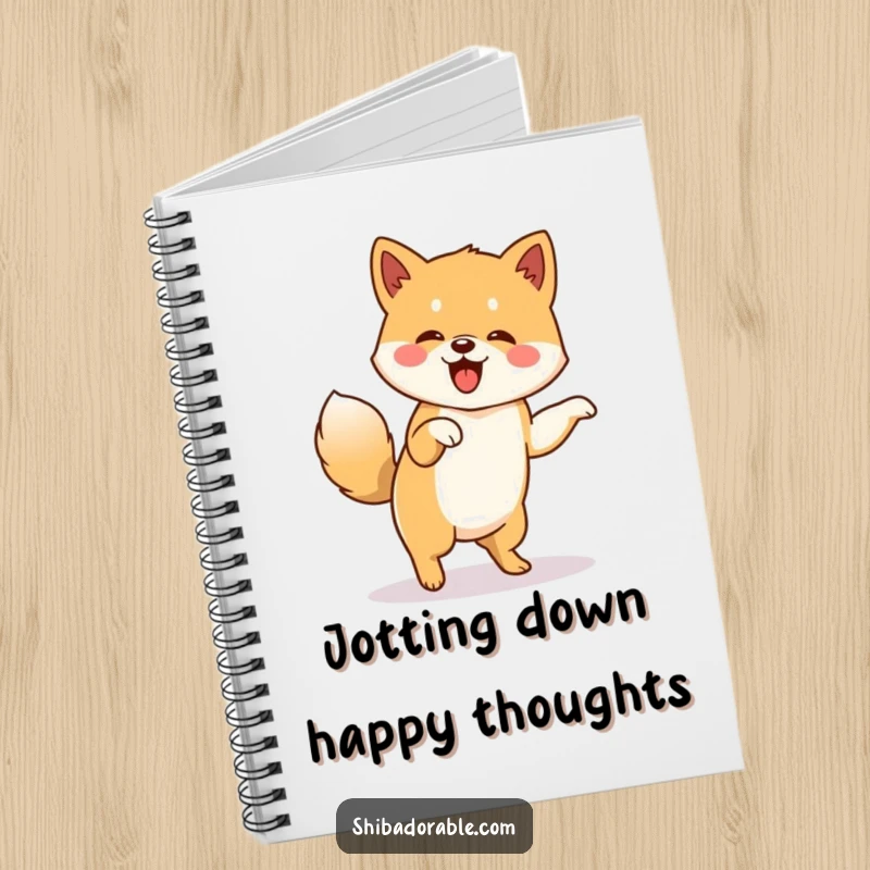 Funny notebook featuring a Shiba Inu doing a little jig with its tail wagging furiously, perfect for jotting down energetic ideas.