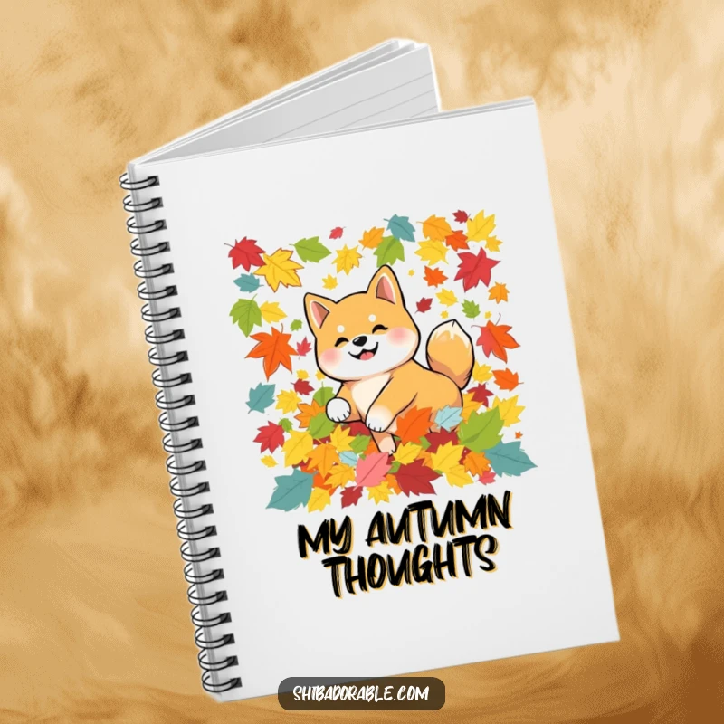 Funny Shiba Inu dog tumbling in colorful autumn leaves, featured on the cover of a notebook for cozy and inspired note-taking.