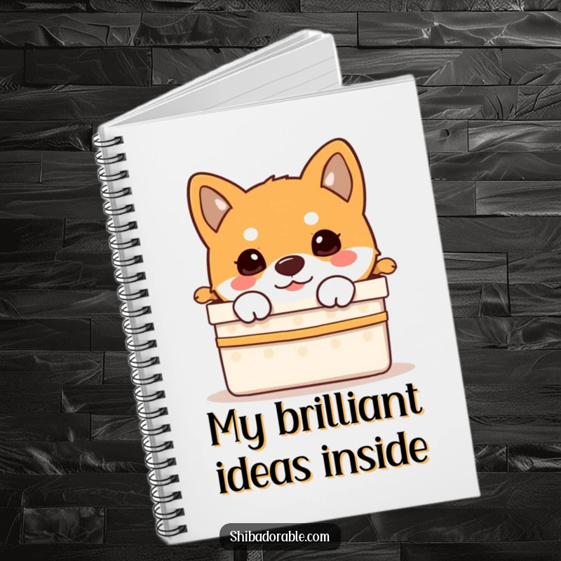 Funny Shiba Inu puppy peeking curiously from a gift box, featured on the cover of a useful notebook.