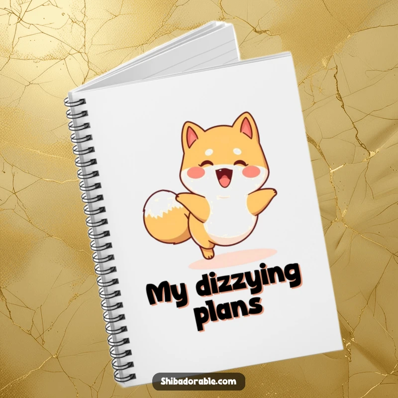 Funny happy Shiba Inu notebook with a dog playfully chasing its tail in a circle, perfect for writing and doodling.