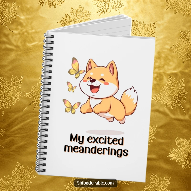 Funny Shiba Inu notebook featuring a happy dog leaping excitedly after a shimmering butterfly, perfect for jotting down cheerful ideas.