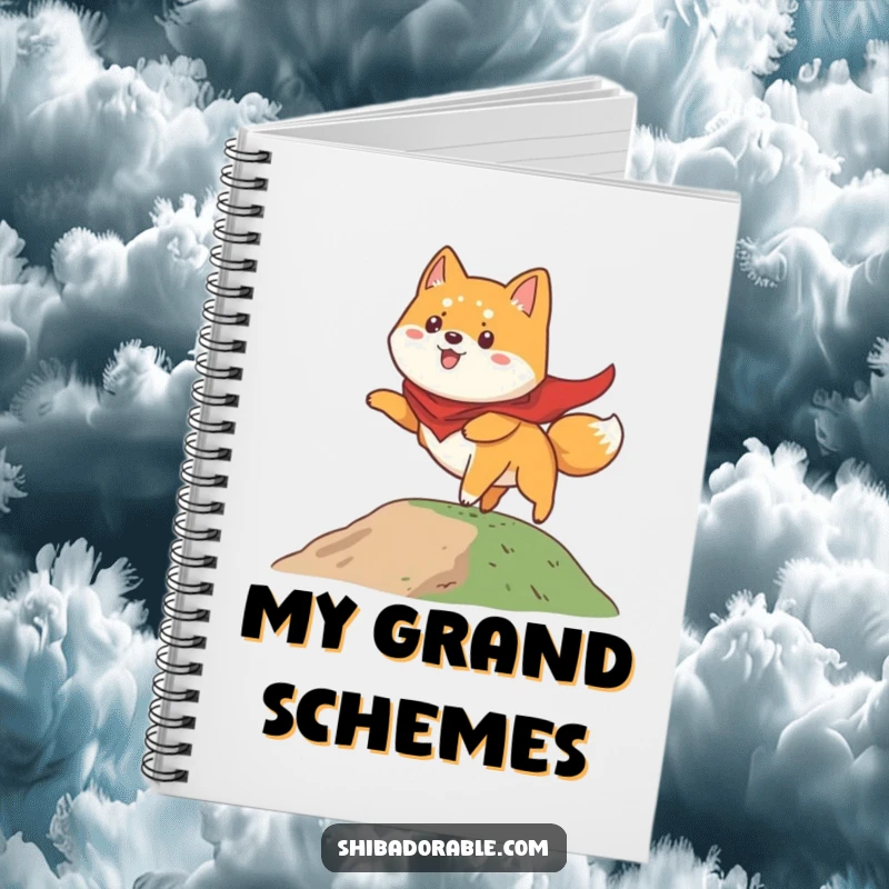 Funny Shiba Inu notebook featuring a dog in a cape comically attempting to fly from a small hill, inspiring bold plans.
