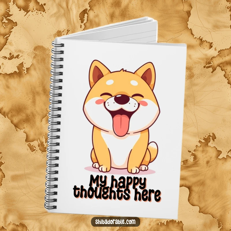 Funny Shiba Inu notebook showing a happy dog panting with a big, goofy grin, perfect for jotting notes.
