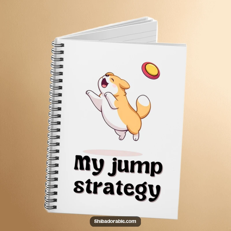 Funny dog notebook featuring a plump dog leaping high to catch a frisbee, perfect for jotting down notes with a smile.