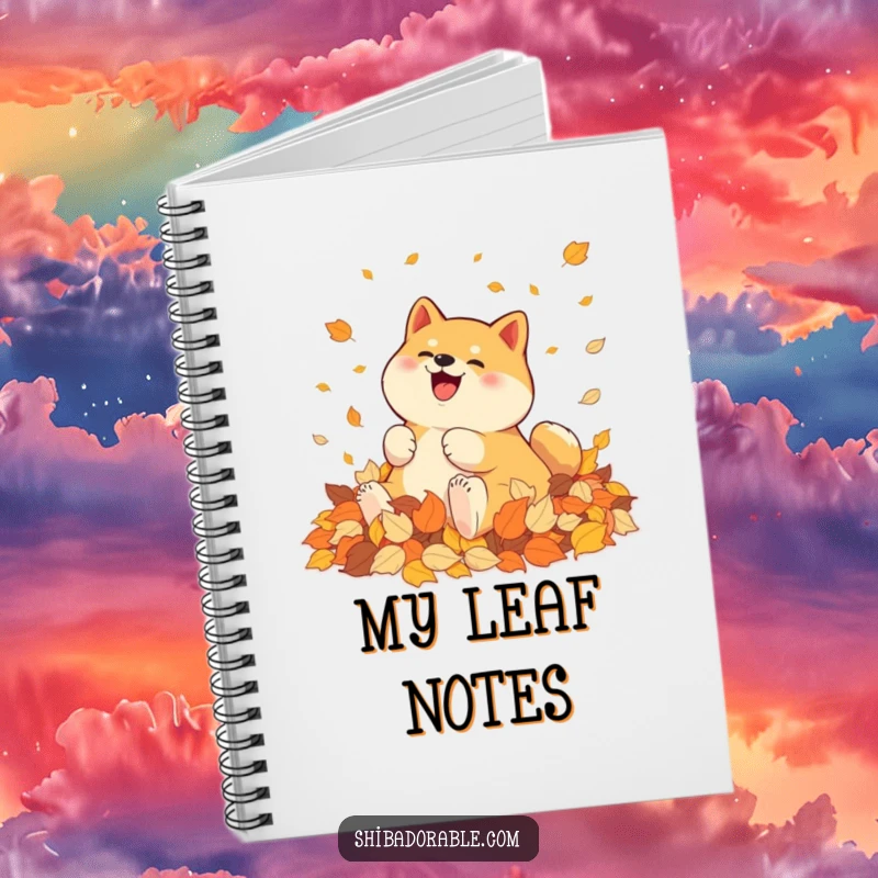 Funny Shiba Inu Notebook: A Shiba Inu joyfully rolls in autumn leaves, perfect for note-taking and seasonal thoughts.
