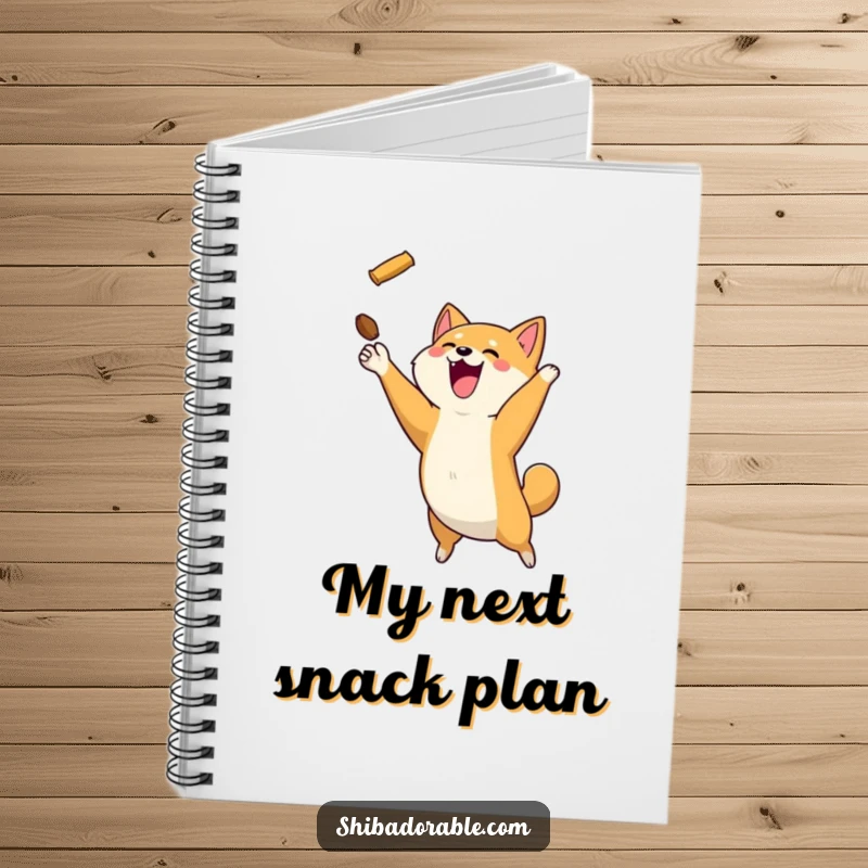 Funny Shiba Inu dog leaping to catch a treat, featured on the cover of a useful notebook.